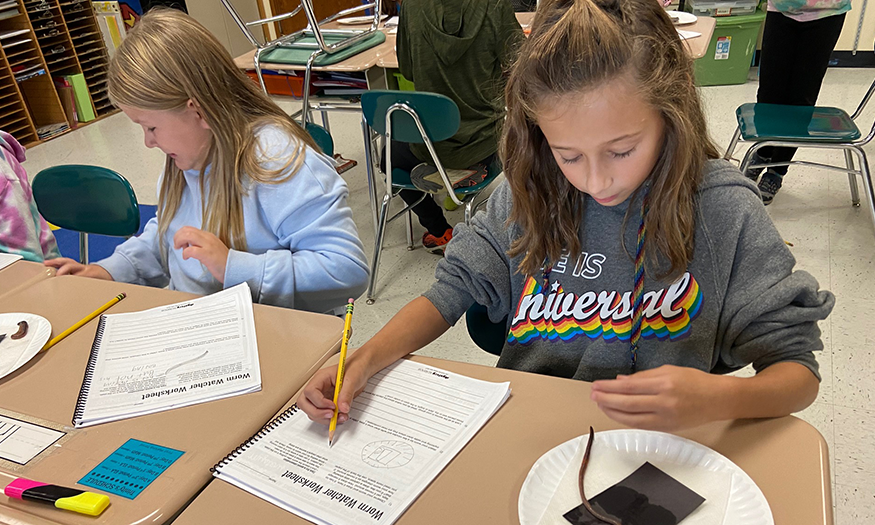 Students study worms in class