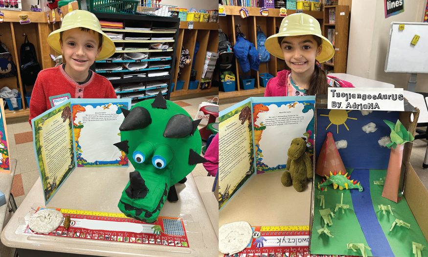 Students with dinosaur projects