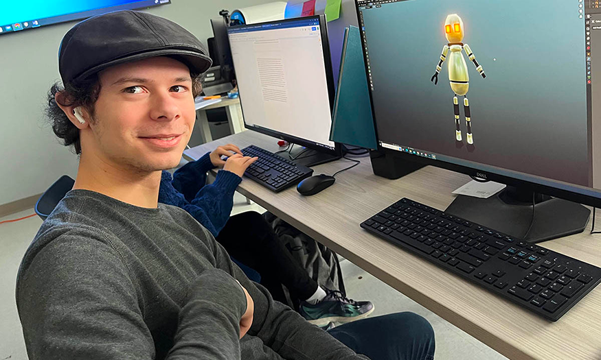 Student at computer screen with animated robot
