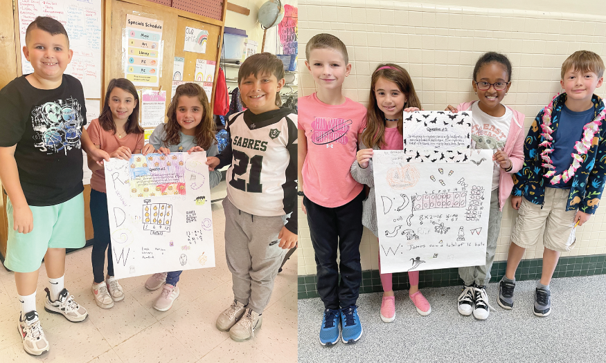 Students pose for photo with math posters
