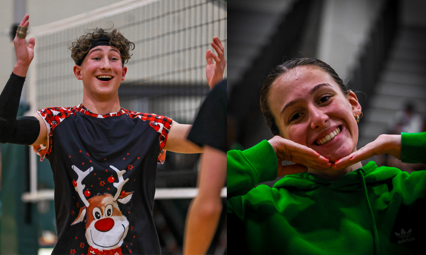 Photos of two students smiling at volleyball event
