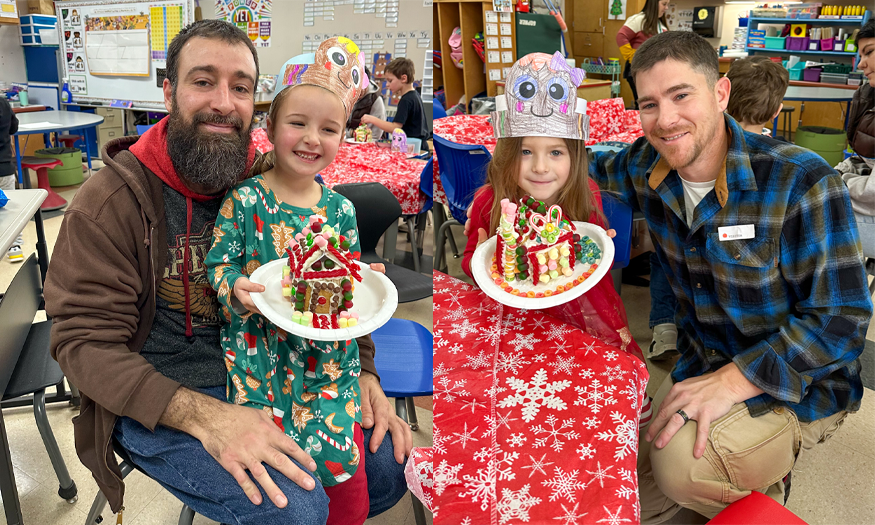 Two parents with children with gingerbread houses