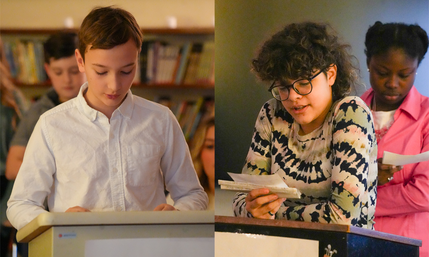 Students debate at podiums