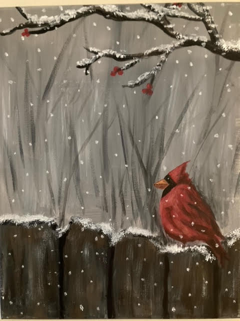 Painting of cardinal in winter